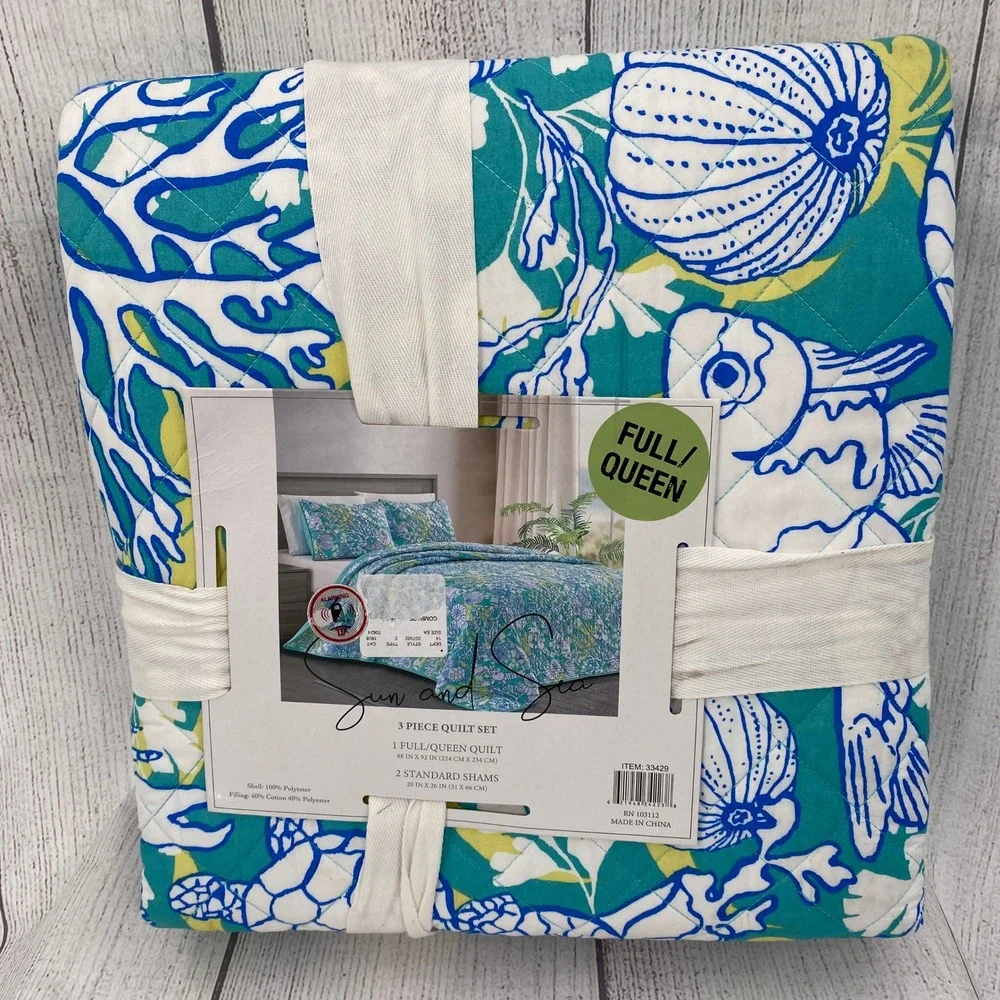 Sun and Sea Quilt Set Full Queen Teal Blue Coastal Marine Life Beach Tropical